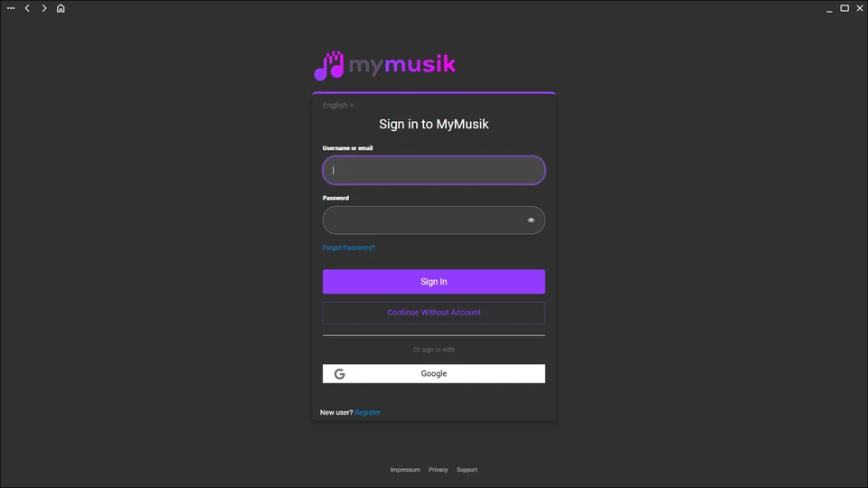 MyMusik desktop sign-in options