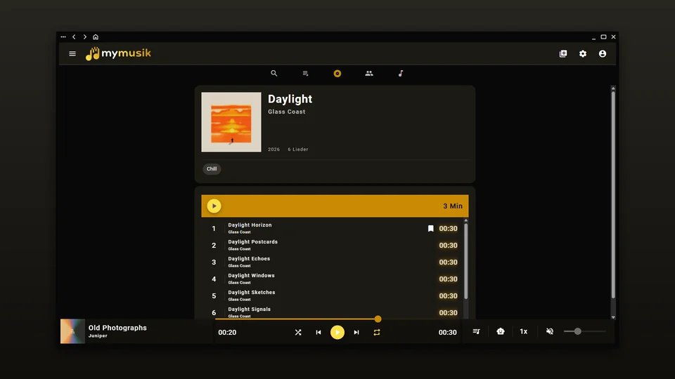 Warm gold theme, dark mode, showing the Daylight album