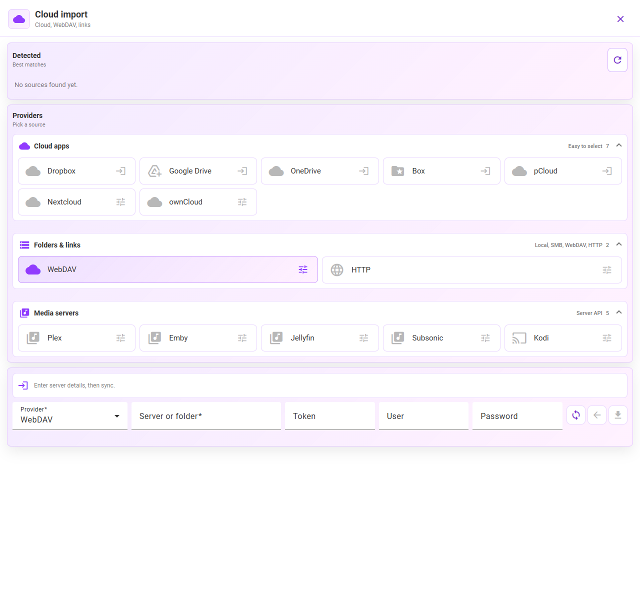 Current MyMusik cloud-import provider selection.