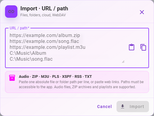 Current MyMusik URL and path import dialog.