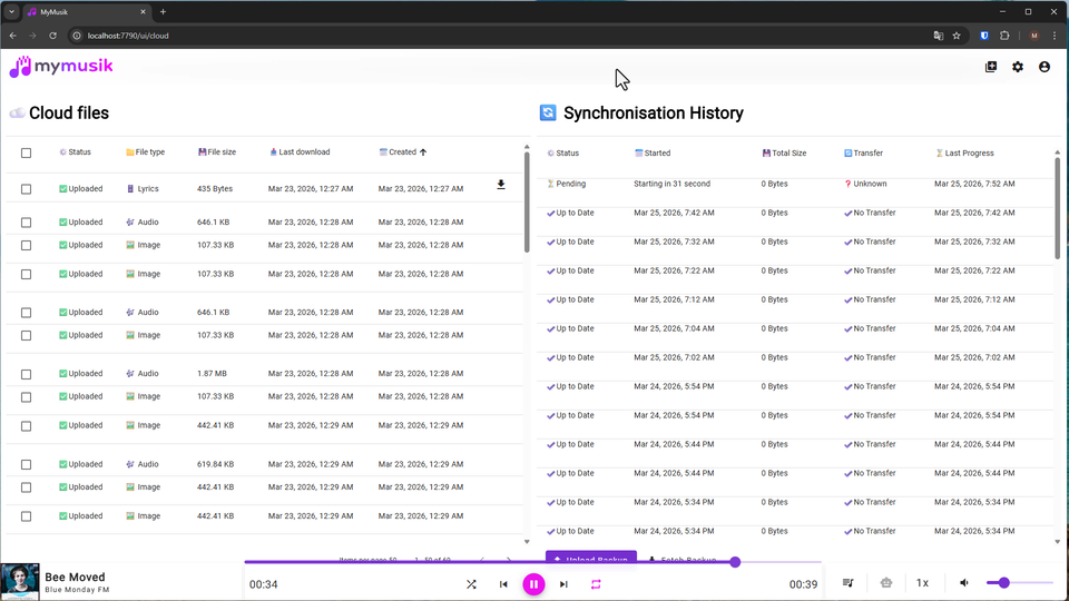 Synchronization view with upload and download actions
