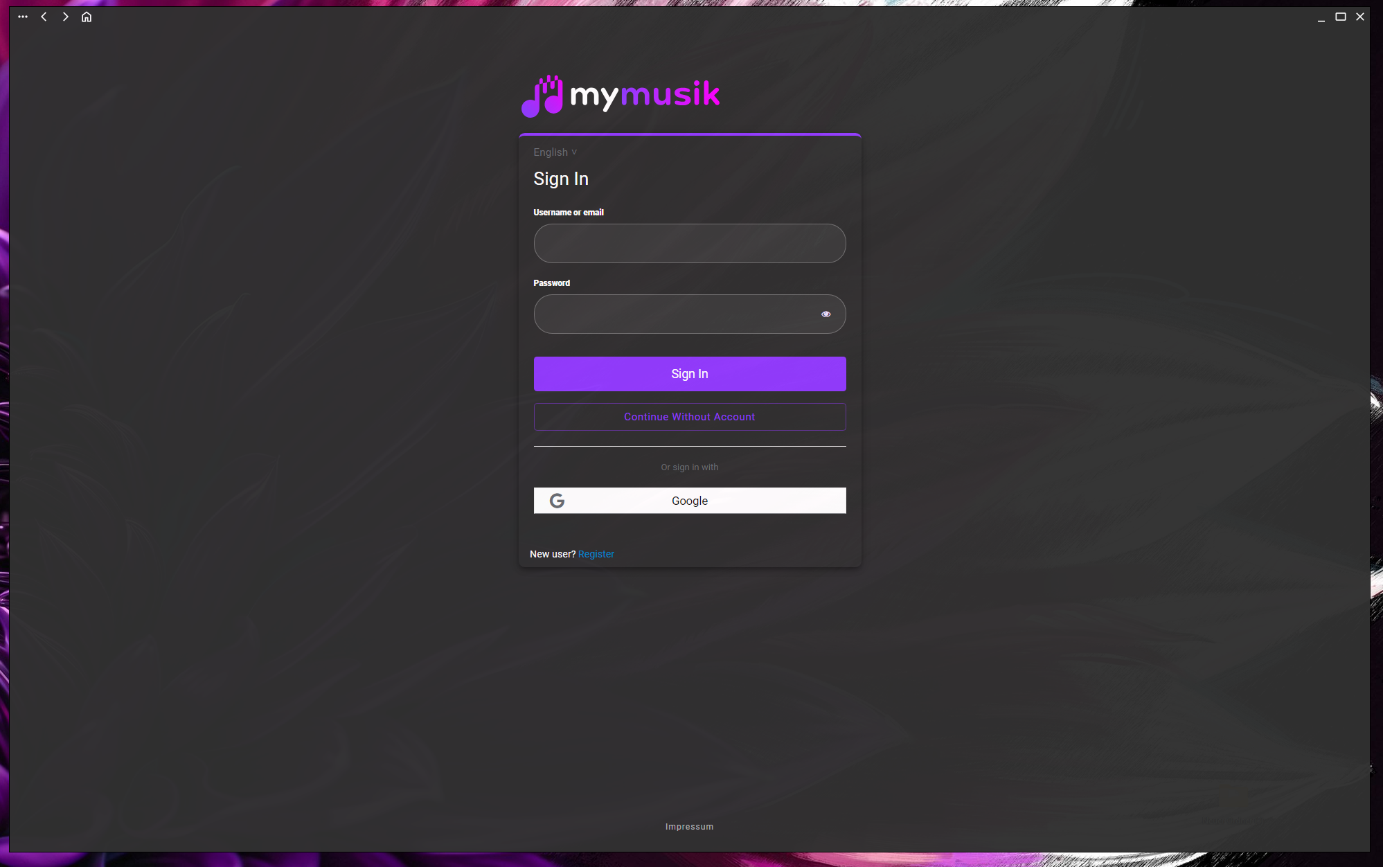 MyMusik login screen with login and login without account options